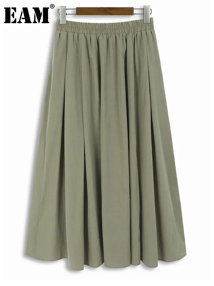 

[EAM] High Elastic Waist Khaki Slit Pleated Brief Long A-line Half-body Skirt Women Fashion Tide New Spring Autumn 2024 1DH5466