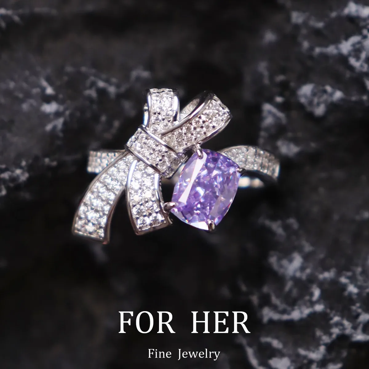 

ForHer Jewelry 925 Sterling Sliver Purple High Carbon Diamond Gemstone Sparkling Bowknot ring Jewelry Anniversary Gift