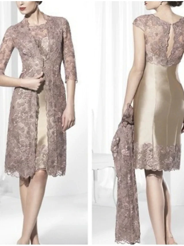 Sheath / Column Mother of the Bride Dress Wrap Included Jewel Neck Knee Length Lace Satin Half Sleeve with Lace
Sheath / Column Mother of the Bride Dress Wrap Included Jewel Neck Knee Length Lace Satin Half Sleeve with Lace