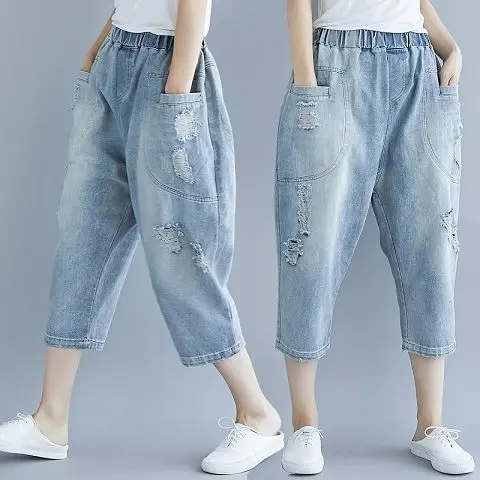 

Summer Thin Korean Y2K Extra Large Plus size Women clothes Casual Jeans Chubby Girl Ripped Jeans Capri Harem Pants Baggy Pants