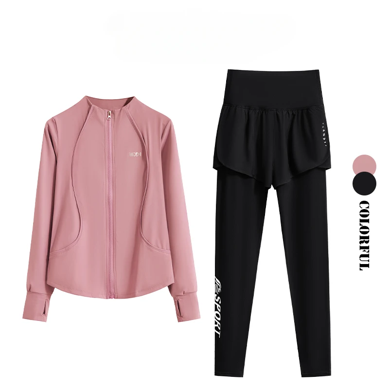 Autumn Sport Suit Zipper O Neck Long Sleeve Pink Jacket Fake 2 Piece Tight Yoga Pants Women Running Fitness Two-pieces Sets
Autumn Sport Suit Zipper O Neck Long Sleeve Pink Jacket Fake 2 Piece Tight Yoga Pants Women Running Fitness Two-pieces Sets