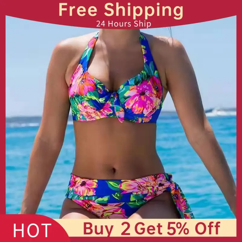 

2024 Women's Printed Split Bikini Set Underwire Bikini Halter Strap beachwear High Waist Ladies Five Colors Styles Swimwear
