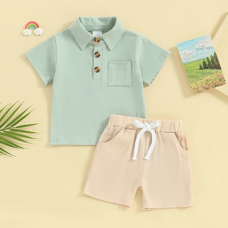 

Летняя одежда для маленьких мальчиков, топы и шорты с коротким рукавом и отложным воротником, на пуговицах, комплект повседневной одежды для младенцев