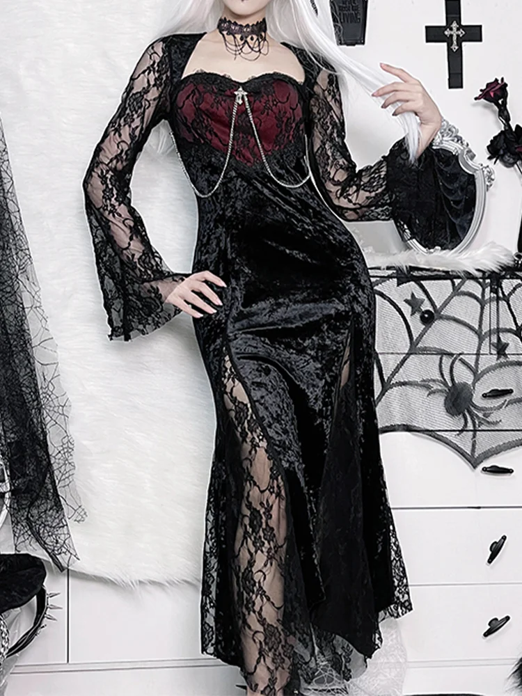 New Chain Long Dresses Gothic Party Velvet High Slit Lace Patchwork Tube Maxi Dresses Bodycone Street Aesthetic Grunge Robe
New Chain Long Dresses Gothic Party Velvet High Slit Lace Patchwork Tube Maxi Dresses Bodycone Street Aesthetic Grunge Robe
