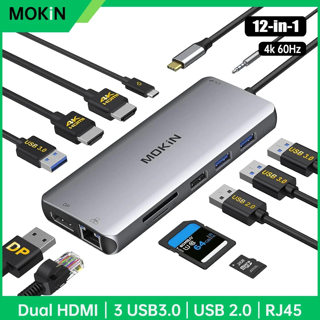 

Док-станция для ноутбука MOKiN с USB C на два HDMI, 4 порта USB, Ethernet,SD/TF, аудио-порт, адаптер PD100W для MacBook HP/Dell/Lenovo
