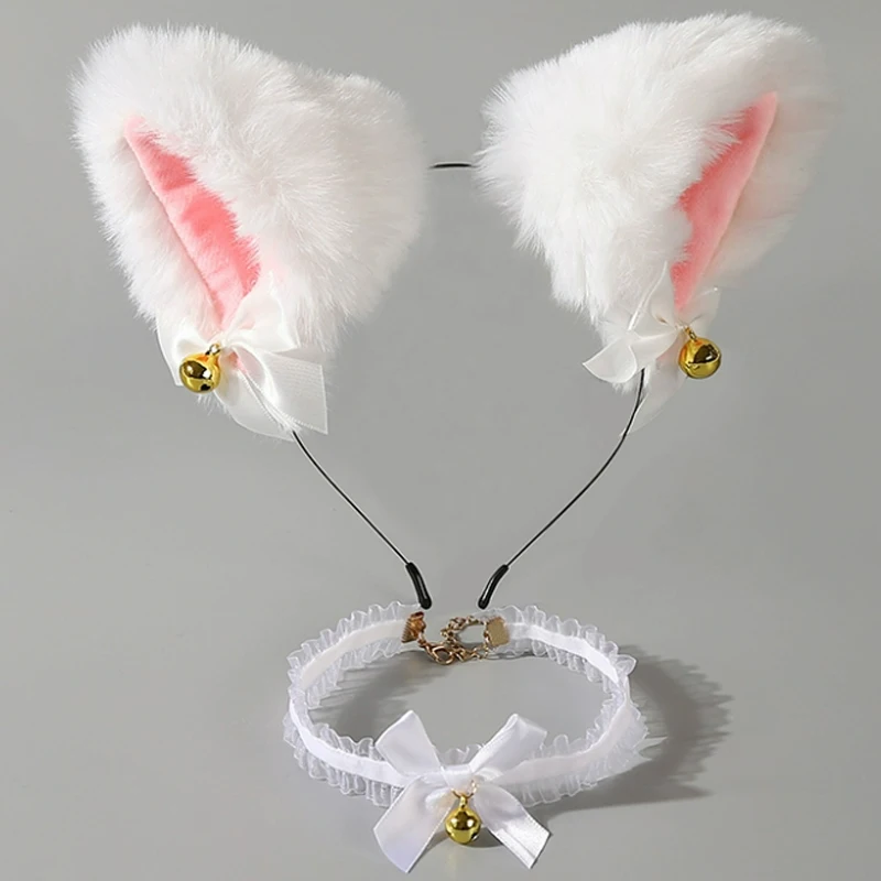

Cat Ears Bow Headband for Girl Necklace Rabbit Plush Furry Animal Ears Hairband Women Masquerade Party Headwear Hair Accessories