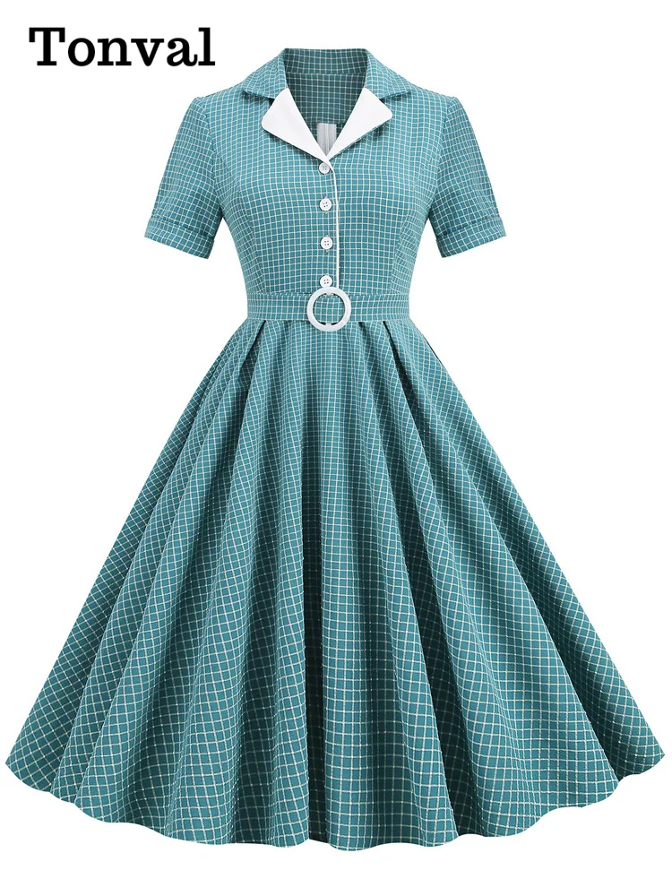 

Tonval Notched Collar Buttons Belted Vintage Plaid Midi Dresses Elegant for Women Short Sleeve 50s Robe Turquoise Swing Dress