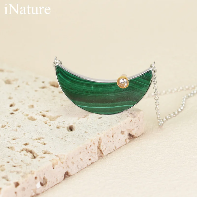 

iNature Natural Malachite Moon Pendant Necklaces For Women 925 Sterling Silver Chain Choker Necklace Fine Jewelry Bijoux Gift