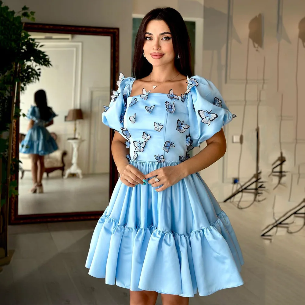 

Square Neck Puff Sleeve A-line Pleat 3D Butterfly Prom Gown Mini Dress Satin Backless Charming Party Dresses فساتين الحفلات