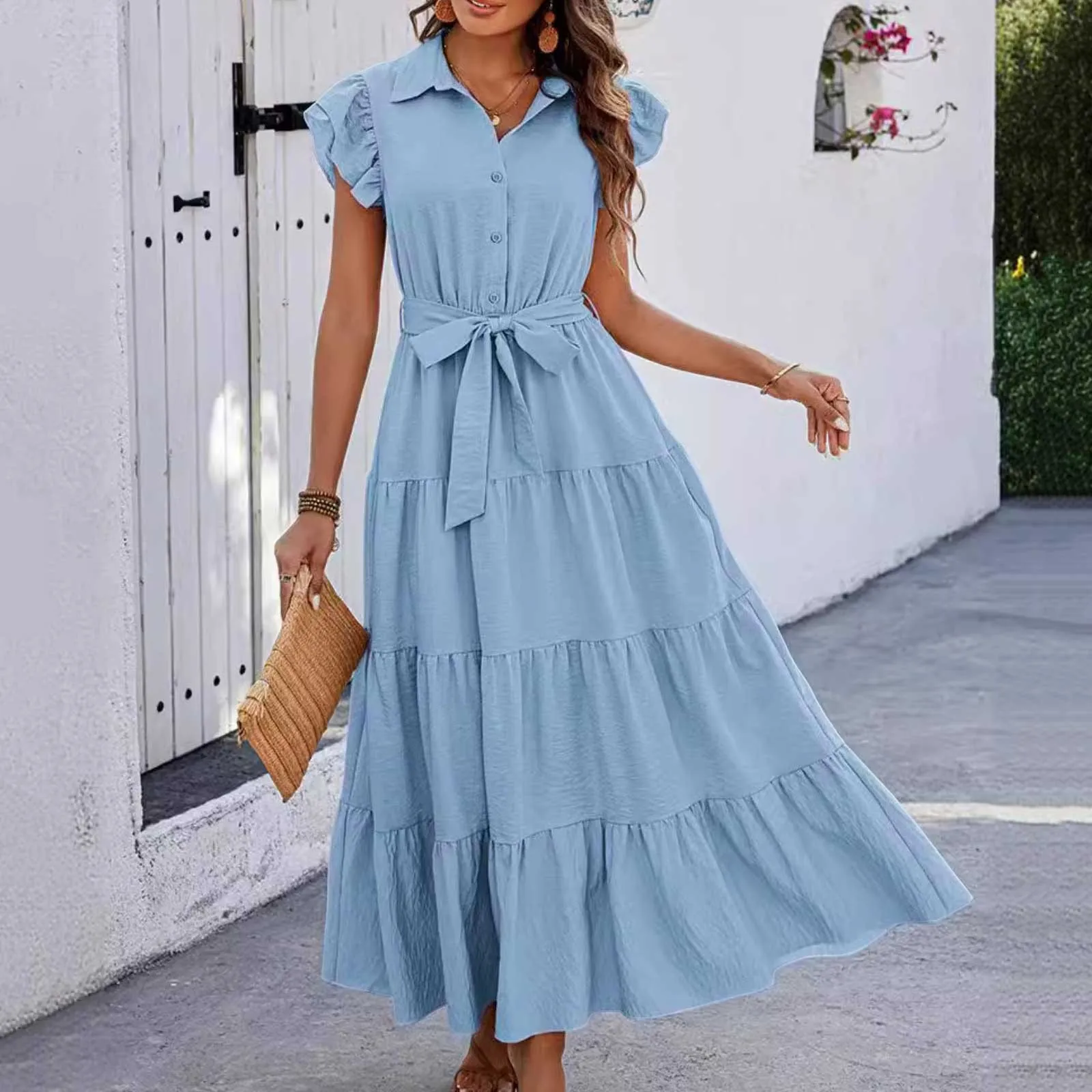 Women Fashion Solid Color Belt Button Down Shirt Ruffles Short Sleeve Long Dress Casual Vacation Ankle Length Dresses For Women
Women Fashion Solid Color Belt Button Down Shirt Ruffles Short Sleeve Long Dress Casual Vacation Ankle Length Dresses For Women