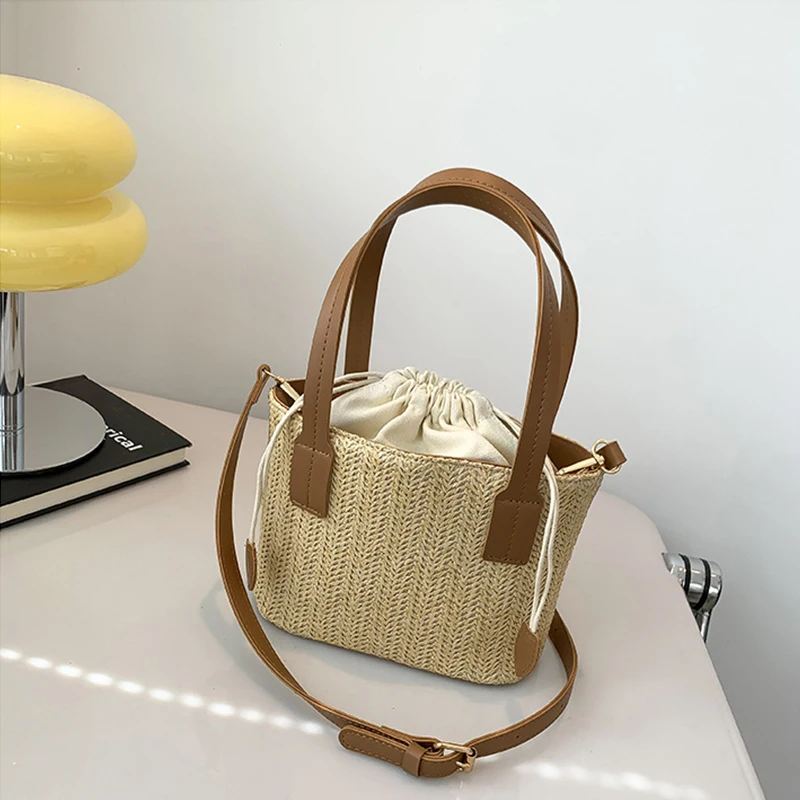 Knit Straw Bucket Tote - Woven Beach Travel Bag with Wrist Handle 17 S5d2abfb345f44e95aed2859dc126566eJ