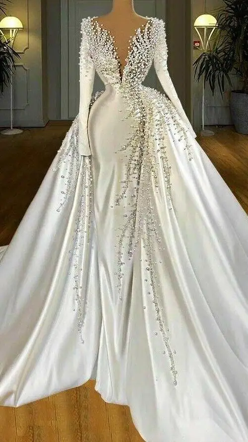 Pearls Mermaid Wedding Dresses Overskirt V Neck Satin Long Sleeve Bridal Gowns Elegant Robes De Mariage
Pearls Mermaid Wedding Dresses Overskirt V Neck Satin Long Sleeve Bridal Gowns Elegant Robes De Mariage