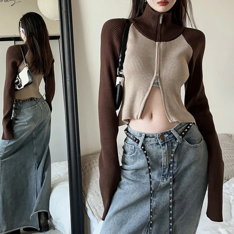 

2023 90s Grunge Patchwork Turtleneck Cardigans Y2k Vintage Knitted Coat Gothic Ribbed Swerater Korean Fashion Streetwear Winter