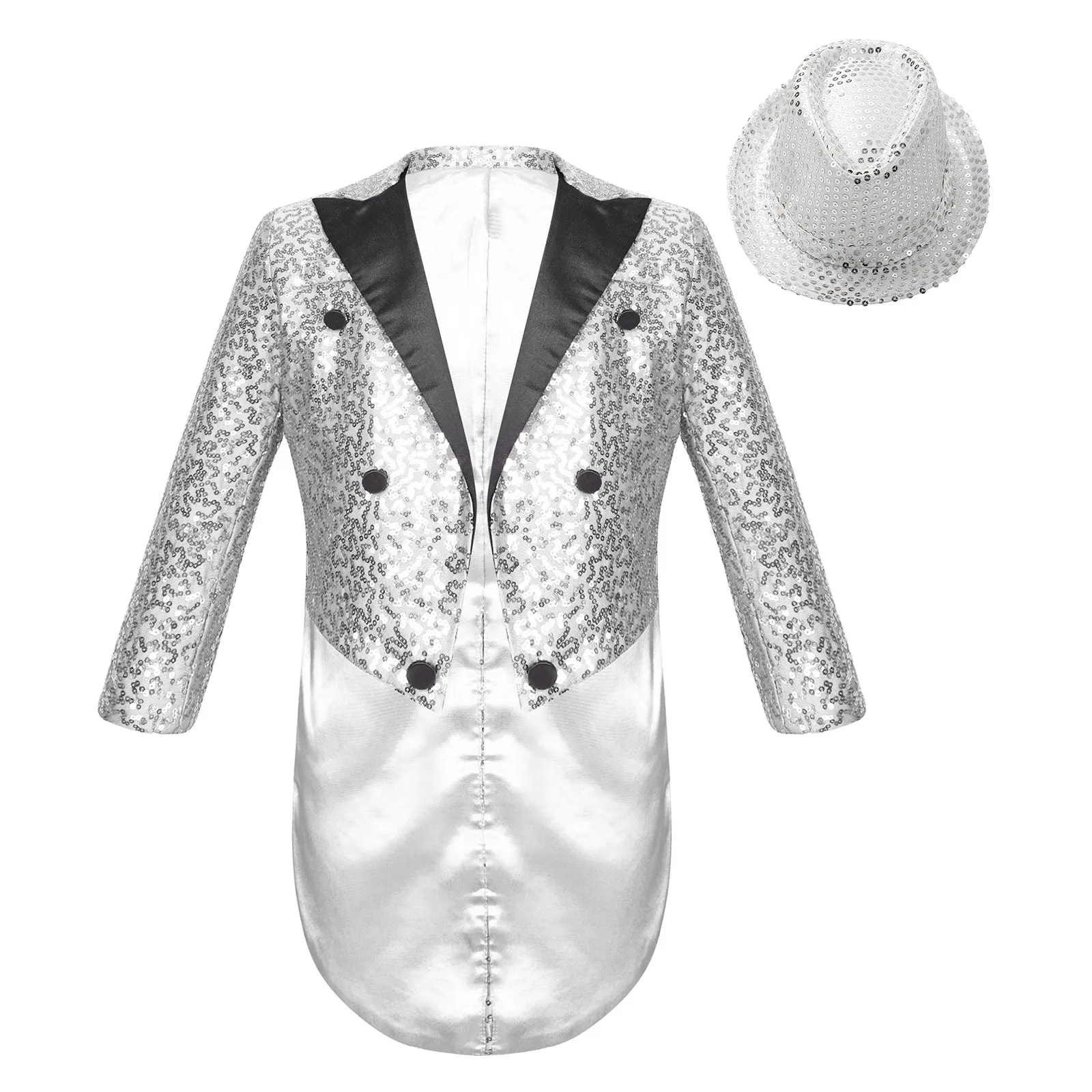 

Kids Boys Magic Show Jazz Dance Performance Costume Sequin Tailcoat Satin Lapel Long Sleeve Blazer Jacket with Sequined Hat Set