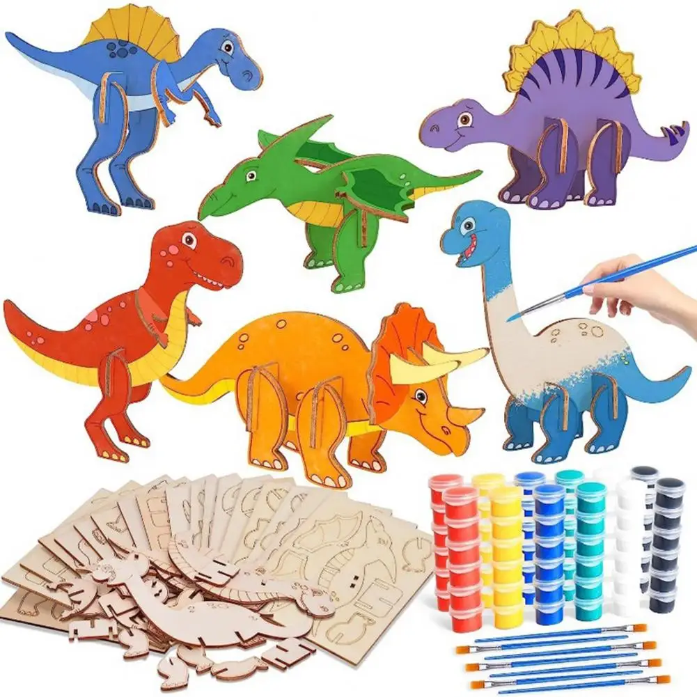 

Kids Dinosaur Painting Set Educational Wooden Dinosaur Puzzle Kit with Coloring Pens Pigments 6 Wood Dino Jigsaws for Boys