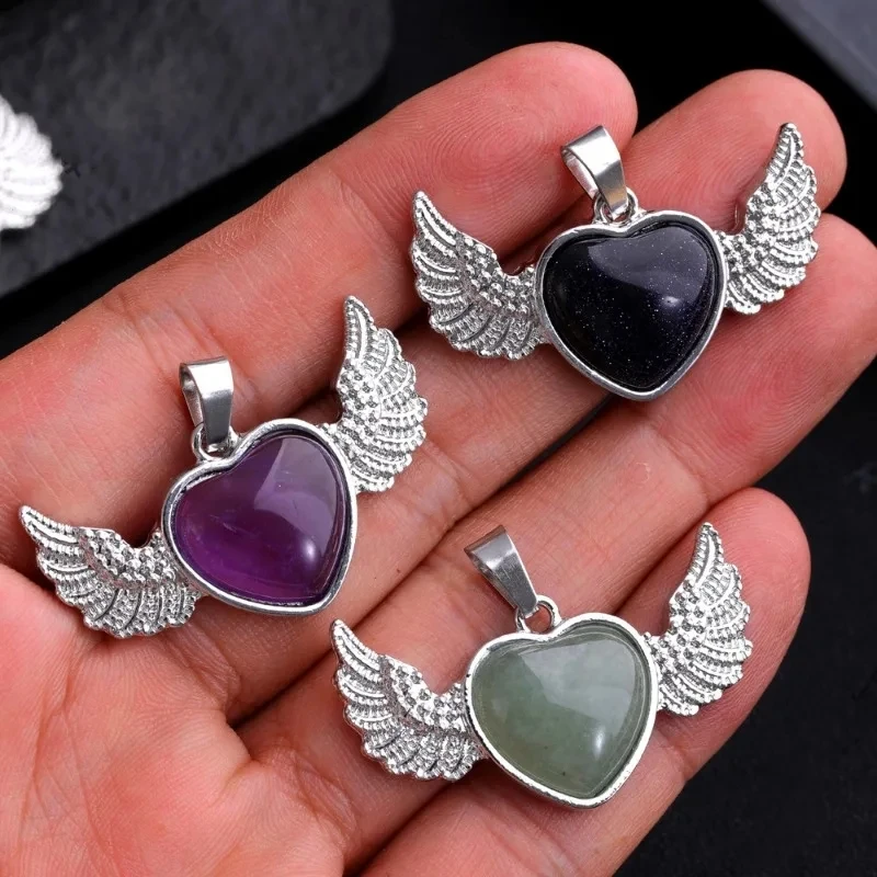 

12pcs Natural Stone Heart Wings Angel Pendant Amethyst Opal Rose Quartz Pink Crystal Pendant Charms for Jewelry Making Necklaces