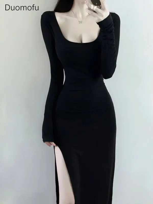 Duomofu New Black Sexy Square Neck Chic Split Women Dresses Autumn Basic Slim Waist Fashion Simple Solid Color Female Midi Dress
Duomofu New Black Sexy Square Neck Chic Split Women Dresses Autumn Basic Slim Waist Fashion Simple Solid Color Female Midi Dress