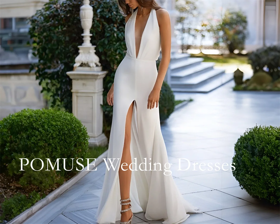 

POMUSE Simple High Slit Mermaid Wedding Dresses Classic Deep V neck Bridal Gowns Minimalist A-Line Robes Vestidos De Novia 2024