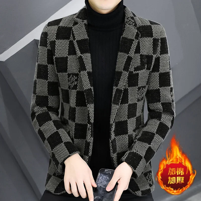 

Korean fleece suit men's fashion handsome coat small suit men slim Korean men's winter thickened single west trend Blazers