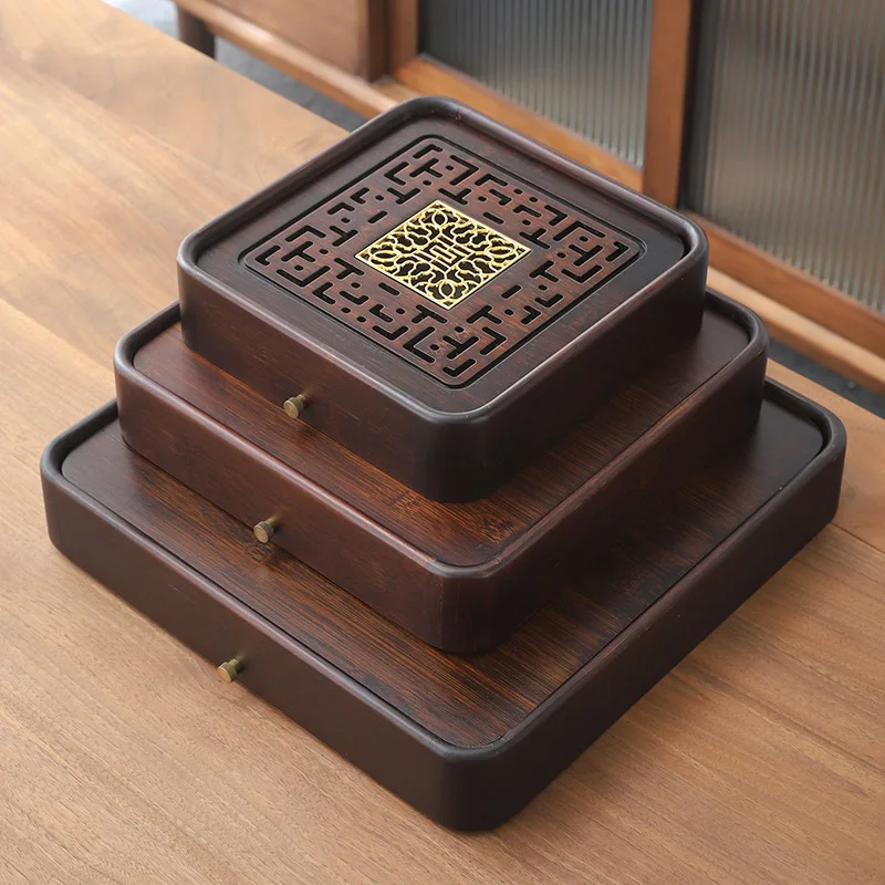 

Square bamboo tea tray walnut color home drain tea table modern minimalist water storage and drainage tea sea dry bubble tray