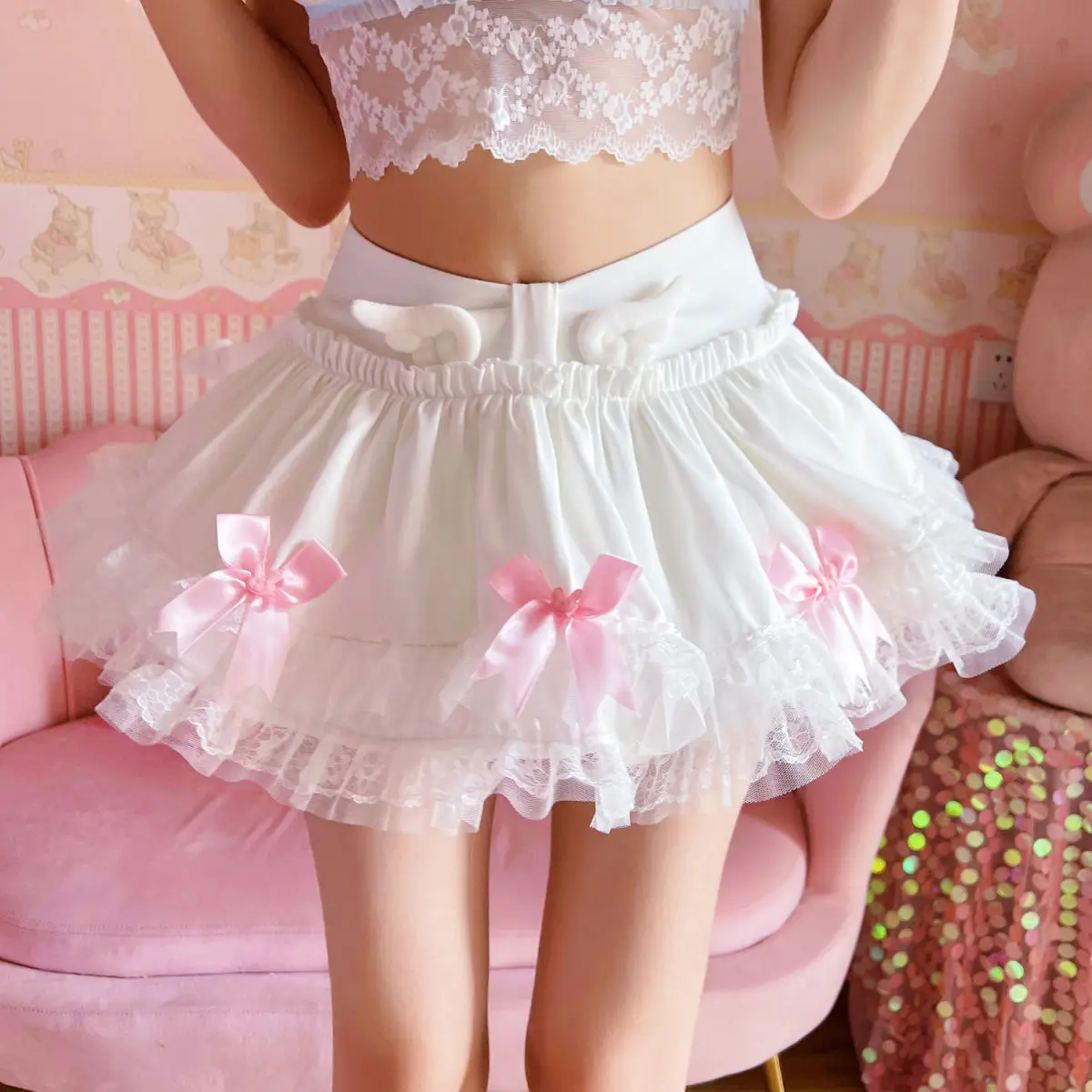 

skirt Sweet Lolita Style Princess Mini Skirt Women Casual Cute Lace Ruffles Wing Bow A-Line Short Skirts Korean Girl Vintage