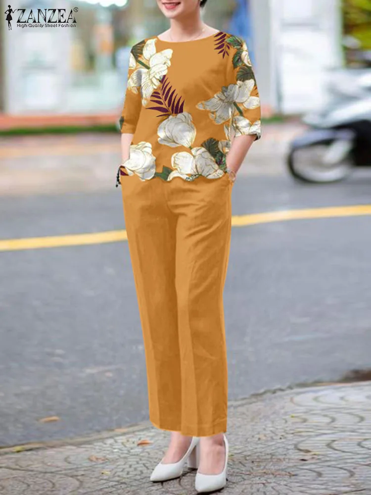 

Элегантный офисный костюм ZANZEA, Женский комплект из блузки с коротким рукавом и брюк, летний спортивный костюм из 2 предметов с принтом, Женская офисная одежда оверсайз