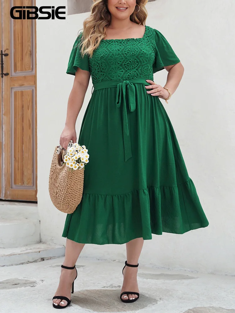 

GIBSIE Plus Size Contrast Lace Square Neck Belted Dress Women Summer Short Sleeve Vacation Casual Ruffle Hem A-line Long Dresses