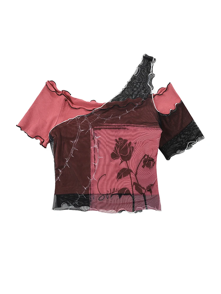 

Summer Women Gothic Short Sleeve Contrast Color Crop Tops Y2k Dark Academia T-Shirts Irregular Design Tees Gyaru 2000s Aesthetic
