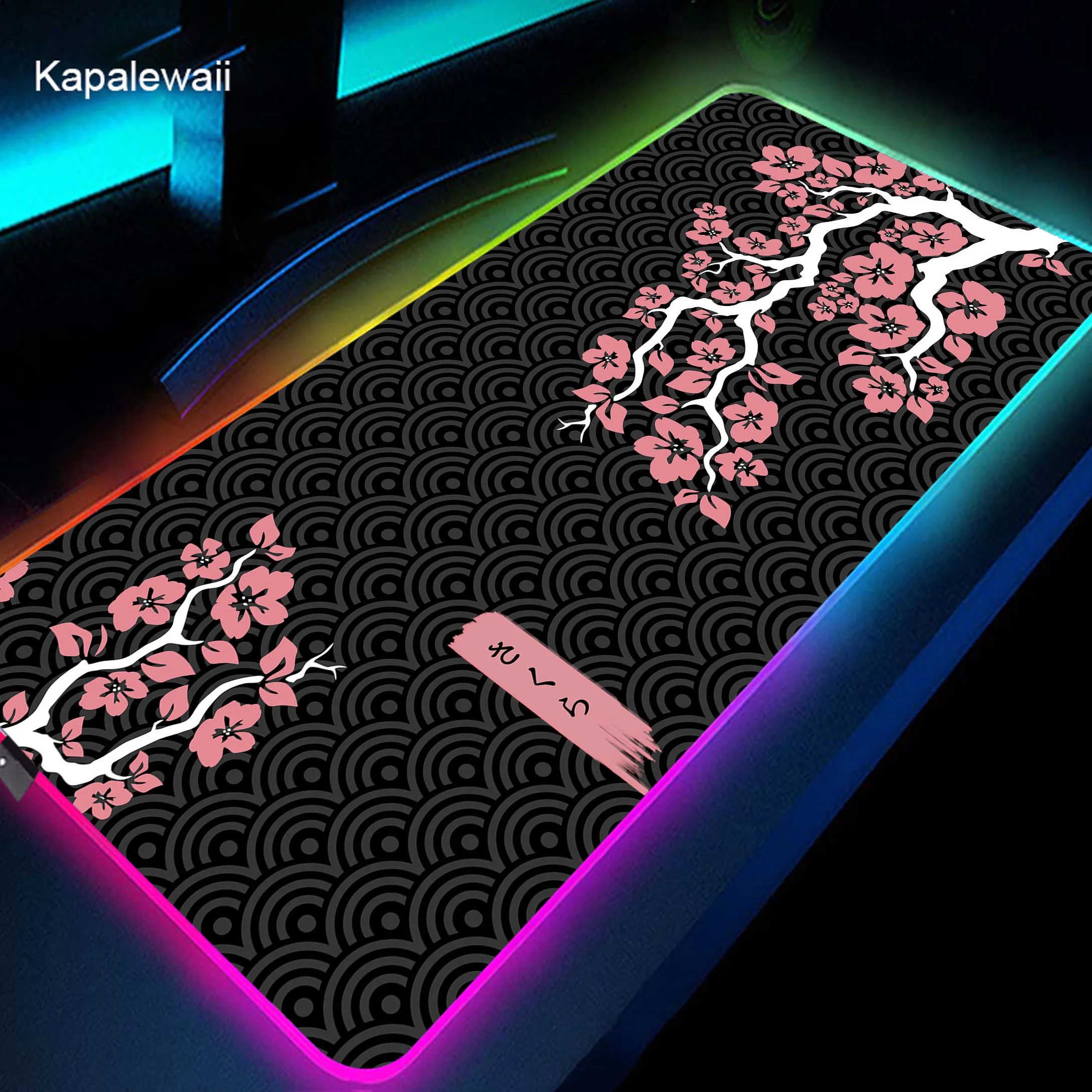 

Pink Cherry Blossoms Large RGB Mouse Pad XXL LED Backlight Mousepad Big Locking Edge Mousemat Computer Table Pads Keyboard Mats