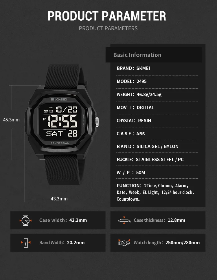 SKMEI Men Sport Casual Watch Matte Black Octagon Case Silicone Nylon Band Digital Display 50M Waterproof Countdown Watches 2495 SKMEI Men Sport Casual Watch Matte Black Octagon Case Silicone Nylon Band Digital Display 50M Waterproof Countdown Watches 2495