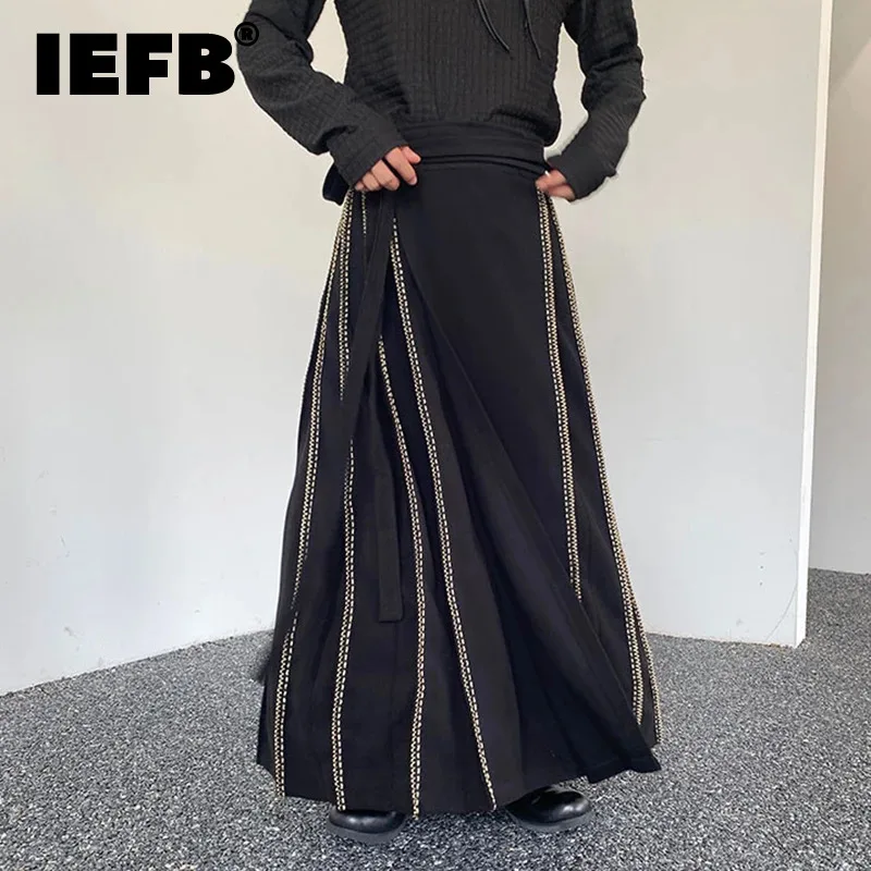 

IEFB Winter Thickened Chinese Horse Face Skirt Trend Men's Streetwear Ribbon Pleated Niche Design Fashion Loose Jumpsuits 9C3454
