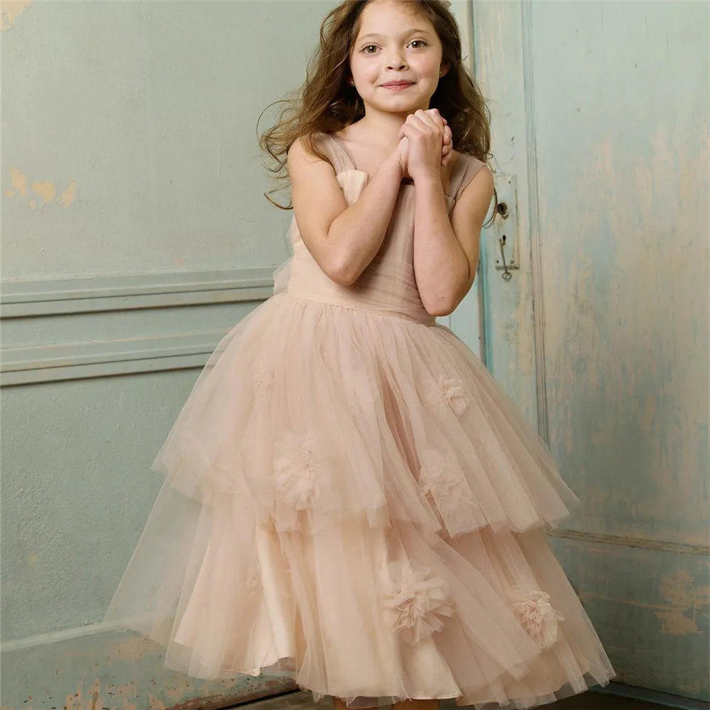 

Hot Sale Wedding Flower Girl's Dresses Sleeveless Ruched Applique A-Line Tulle Tea-Length Champagne Pageant Party Gowns