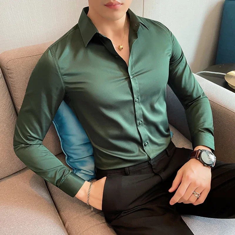 

10Color High Quality Solid Dress Shirt Men Simple Long Sleeve Slim Fit Business Shirts Homme Social Casual Shirt Plus Size 5XL-M