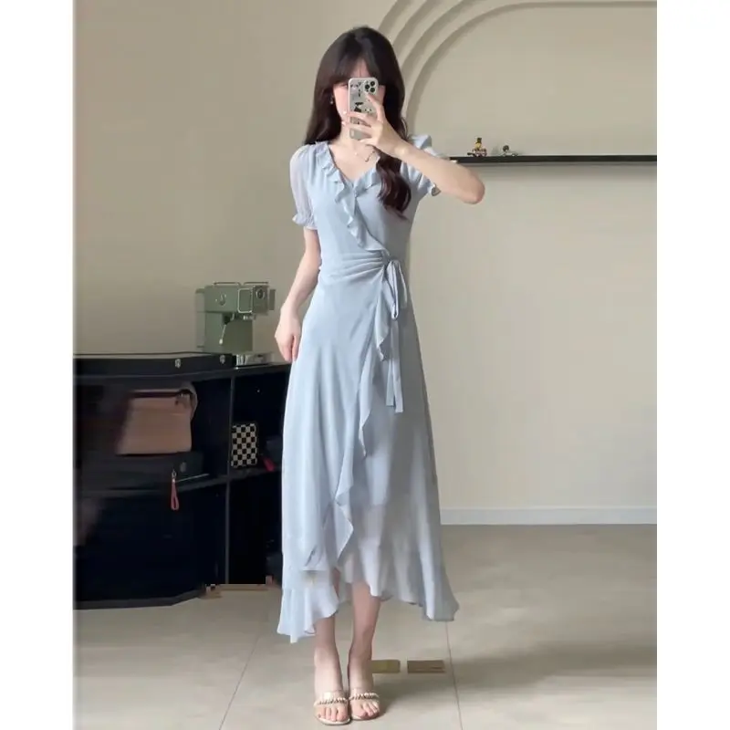 

Spring Summer Fashion Elegant V-neck Short Sleeved Clothing for Casual Versatile Western Commuting Loose Solid Women's Dresses