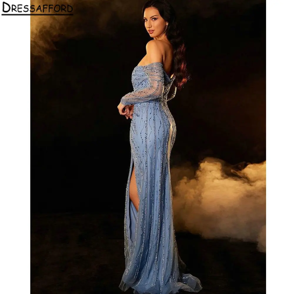 Light Blue Long Sleeve High Split Mermaid Evening Dresses Off The Shoulder Crystal Beading Formal Party Gowns
Light Blue Long Sleeve High Split Mermaid Evening Dresses Off The Shoulder Crystal Beading Formal Party Gowns