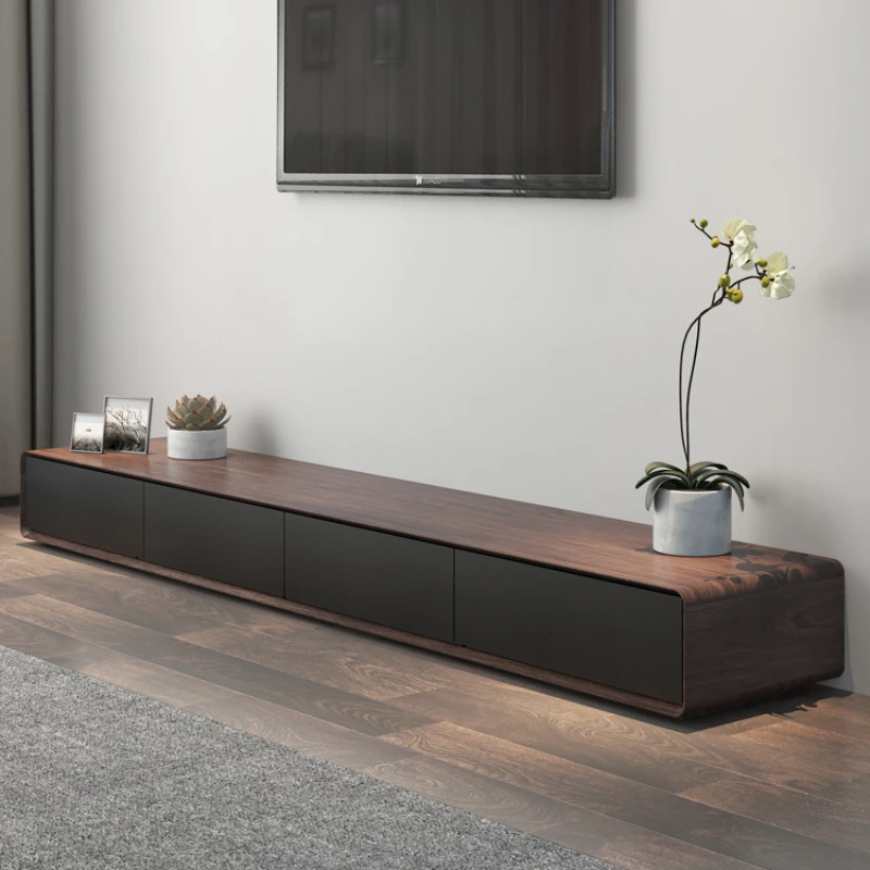 

TV Cabinet and Tea Table Combination Black Walnut Color TV Stand Simple Large and Small Apartment Type Living Room Floor Cabinet