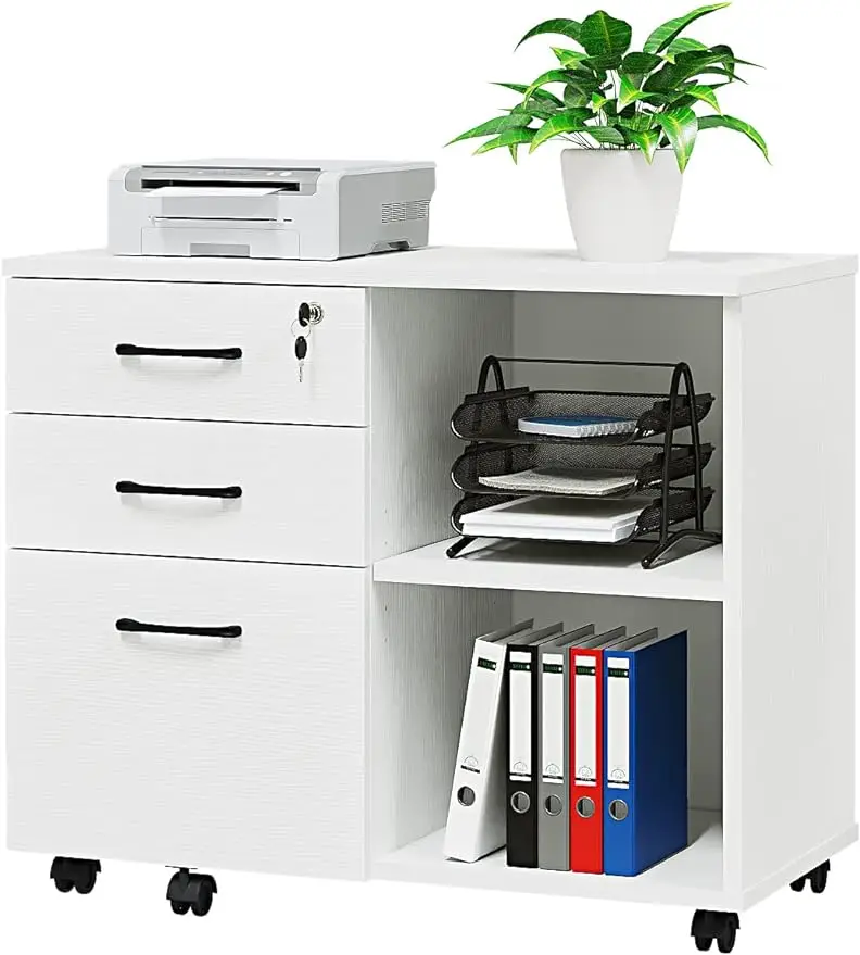 

Wood File Cabinet 3 Drawer Mobile Lateral Filing Cabinet On Wheels Printer Stand with Open Storage Shelves for Home Office White