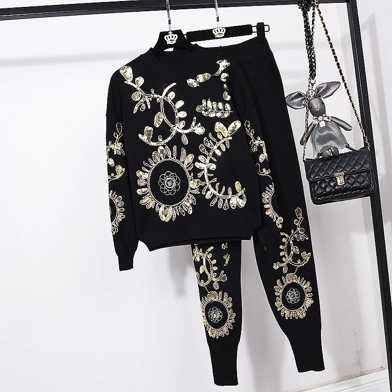 Manual Sequins Embroidery Knitted Tracksuit Set Women Pullover Sweater Pencil Pants Outfits Loose Black White Knit Suit Female
Manual Sequins Embroidery Knitted Tracksuit Set Women Pullover Sweater Pencil Pants Outfits Loose Black White Knit Suit Female