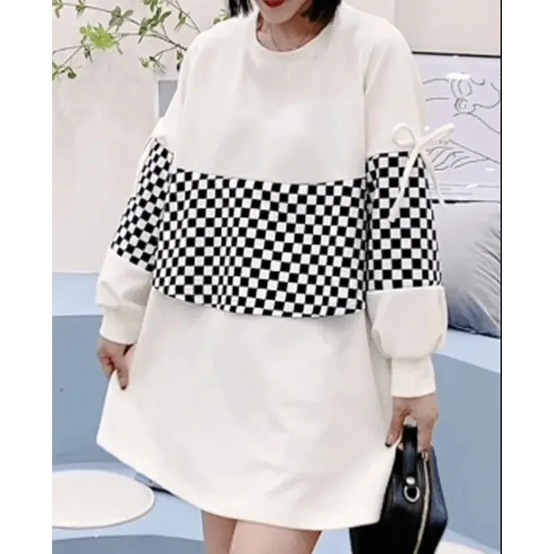 

New Winter Fashion Korean Edition Spliced Fake Two Piece Velvet Round Neck Bow Loose Size Versatile Reduced Age Women's Sweater