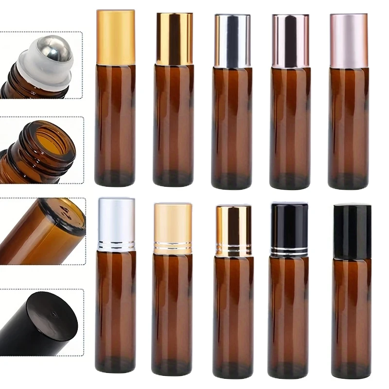 

6/12/24/48Pcs 10ml Empty Amber Thick Roll On Glass Bottles with Stainless Steel Roller Ball For Essential Oil Refillable Bottles