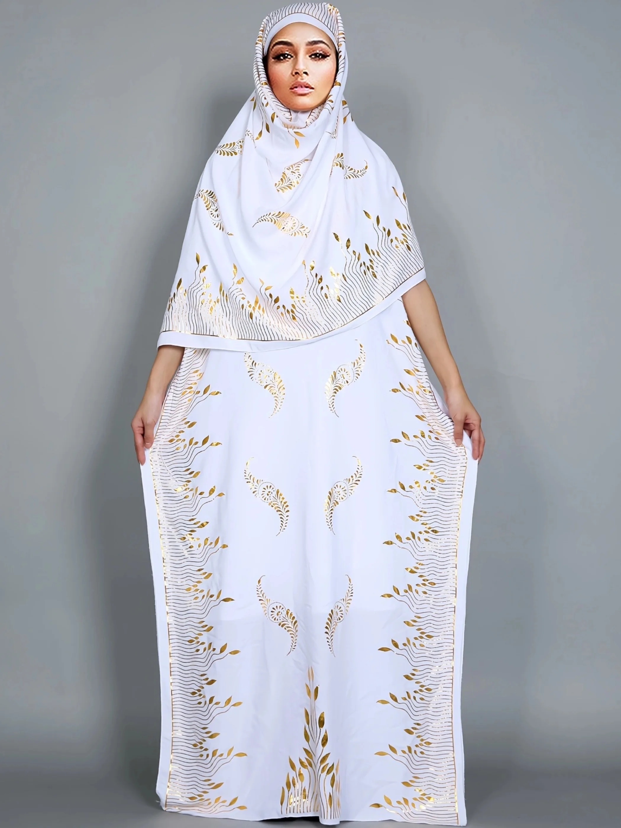 

2024 New Women Cotton Abaya Islam Arab Clothes Turkish Indian Kaftan Islamic Prayer Dress Muslim Robe With Big Hijab