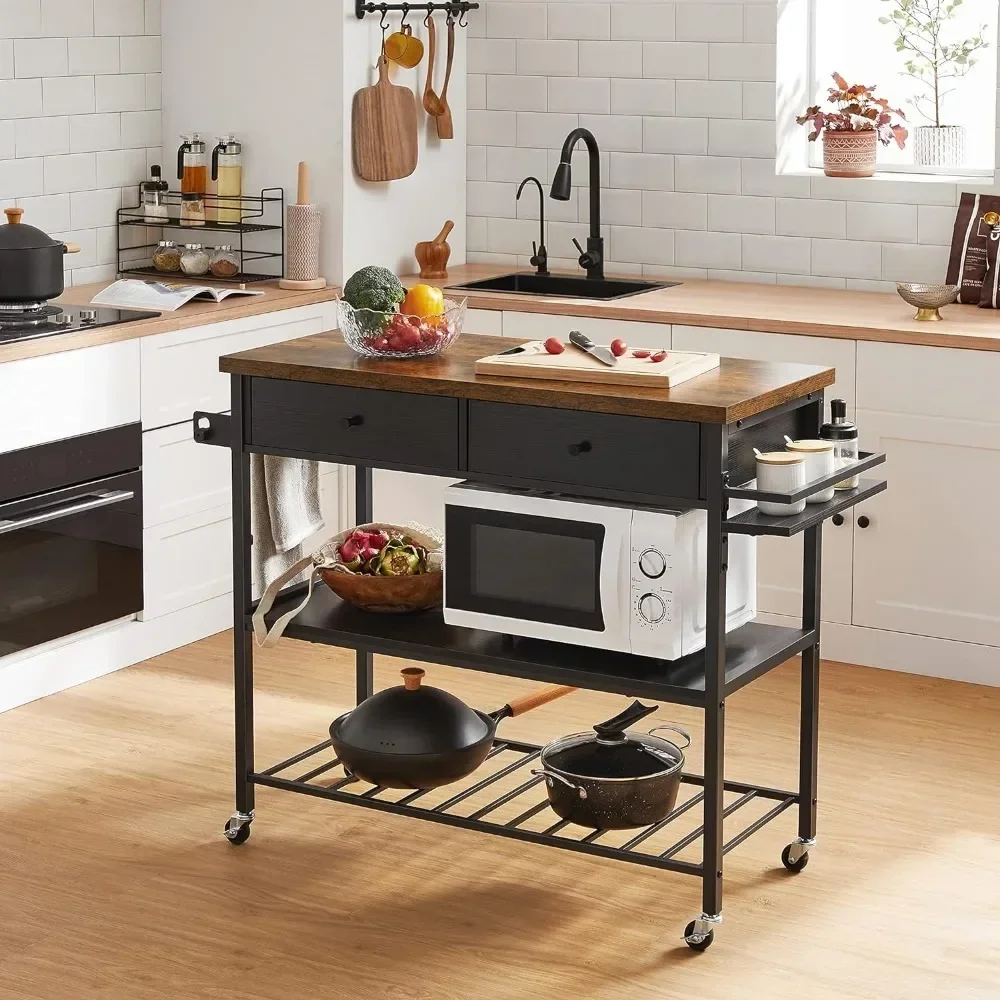 Kitchen island counter, kitchen cart, with 3 drawers and 2 layers of microwave stand, with hanging rod and spice rack
Kitchen island counter, kitchen cart, with 3 drawers and 2 layers of microwave stand, with hanging rod and spice rack