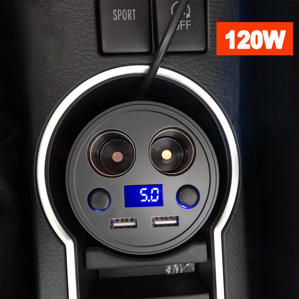 

120W Power Socket Adapter 3.1A Dual USB Phone Charger Digital Voltage Meter Cigarette Lighter Splitter Cup For 12-24V Cars