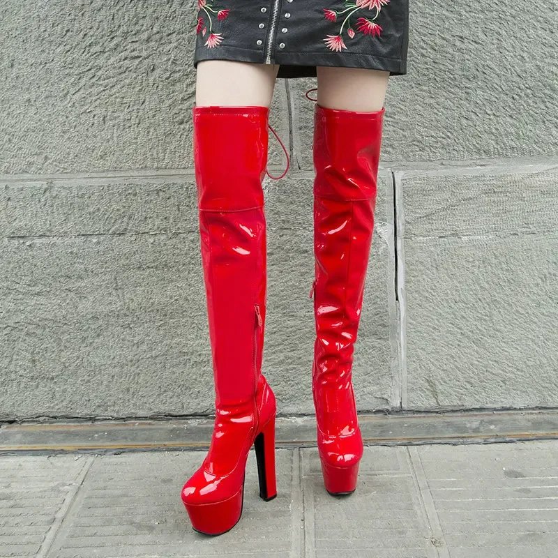 

Sexy Over the Knee Boots Women Platform Fashion High Heels Thigh High Boot Patent Leather Women's Winter Dance Fetish Shoes Red