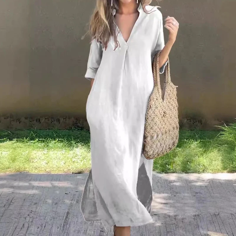 Summer Solid Color Pullover Long Dress Fashion V Neck 3/4 Sleeve Cotton Linen Dress Female Casual Simple Basic Split Loose Dress
Summer Solid Color Pullover Long Dress Fashion V Neck 3/4 Sleeve Cotton Linen Dress Female Casual Simple Basic Split Loose Dress