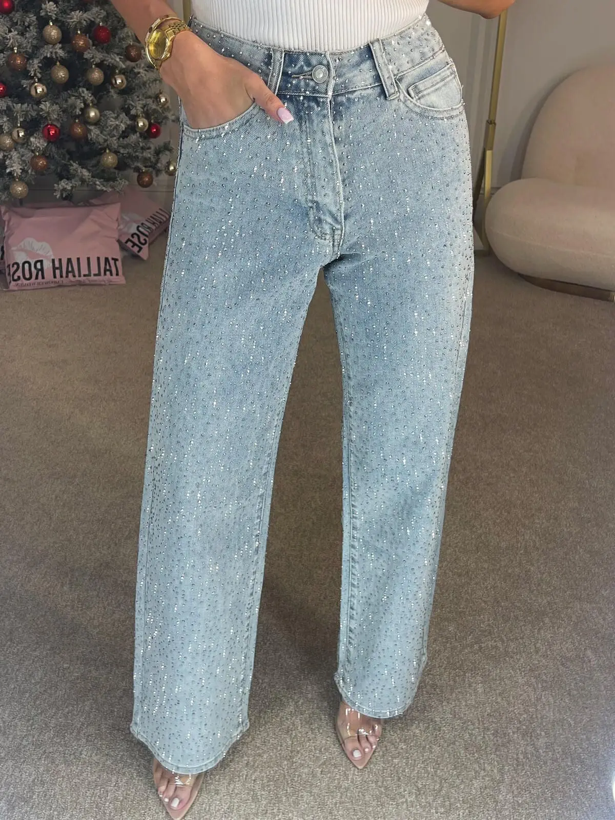 Straight Jeans for Women Diamonds Pants Stretch High Waist Washed Distressed Pockets Vintage Denims Streetwear Female Trousers 44 S5d4f818ce15c4417b7f92a1615b2c15cA