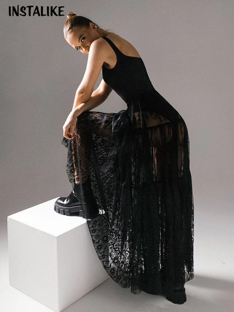 

Женская прозрачная юбка миди InstaLike Y2K, черная длинная юбка-макси в Корейском стиле, в стиле Харадзюку, весна 2024
