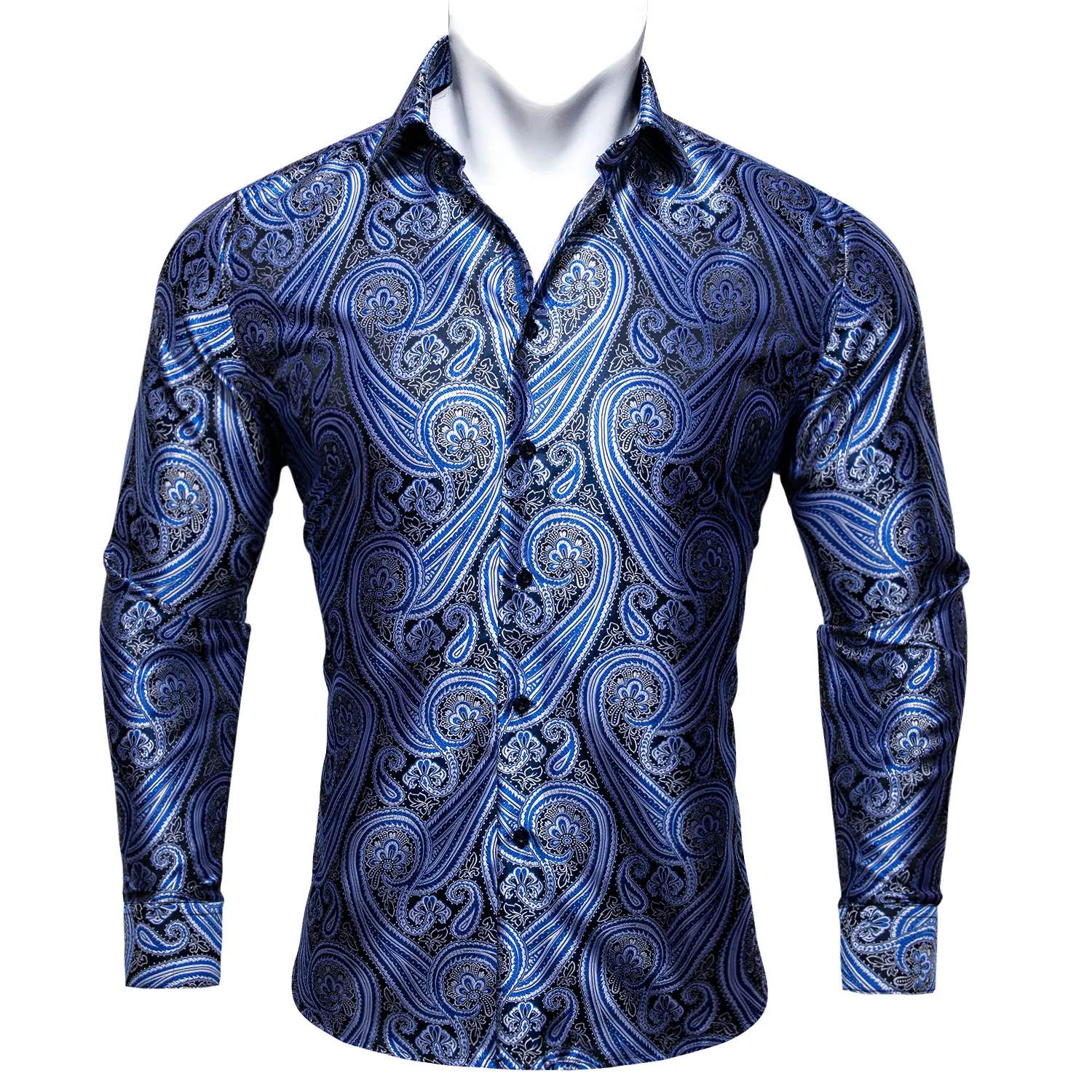 

Barry.Wang New Royal Blue Silk Paisley Men Shirt Four Seasons Lapel Long Sleeve Embroidered Exquisite Fit Party Wedding CY-0413