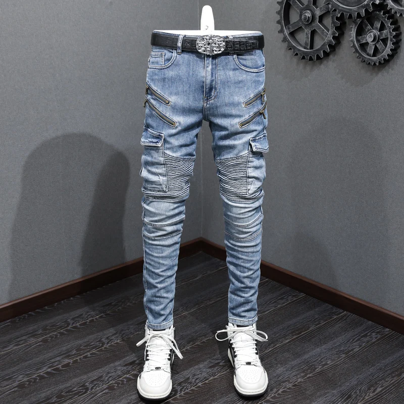 

High Street Fashion Men Jeans Retro Blue Slim Fit Spliced Ripped Jeans Men Zipper Patched Designer Hip Hop Biker Pants Hombre