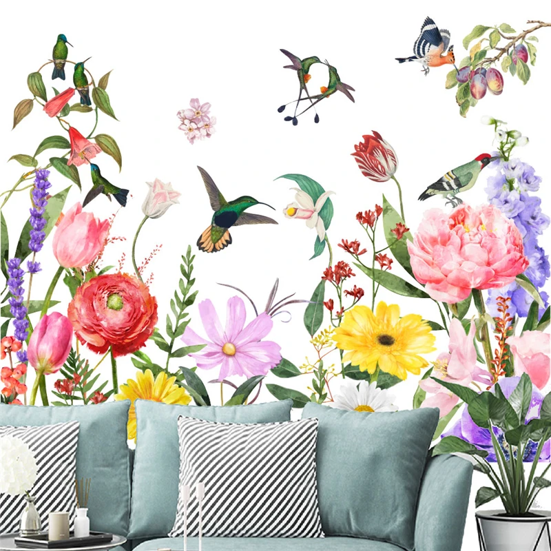 

Fantastic Flowers & Birds Wall Stickers For Shop Office Baseboard Decoration Plant Mural Art Diy Home Decals Pastoral Posters